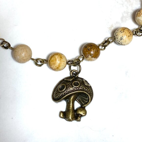 Genuine Yellow Picture Jasper Short Necklace, Bronze Round Mushroom + Gemstone - Picture 4 of 15